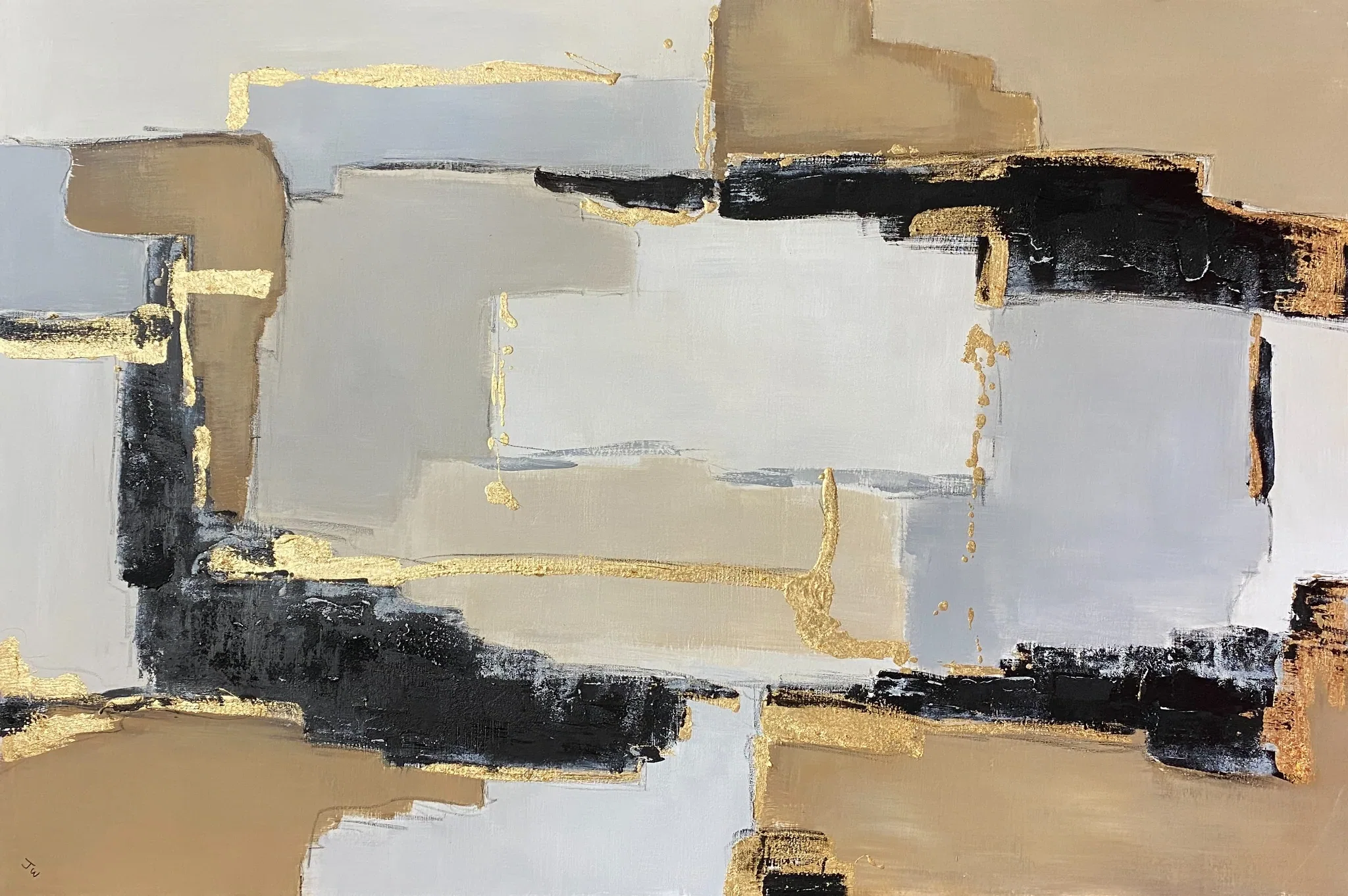 Gilded Passage, large neutral abstract painting, 48x72 in