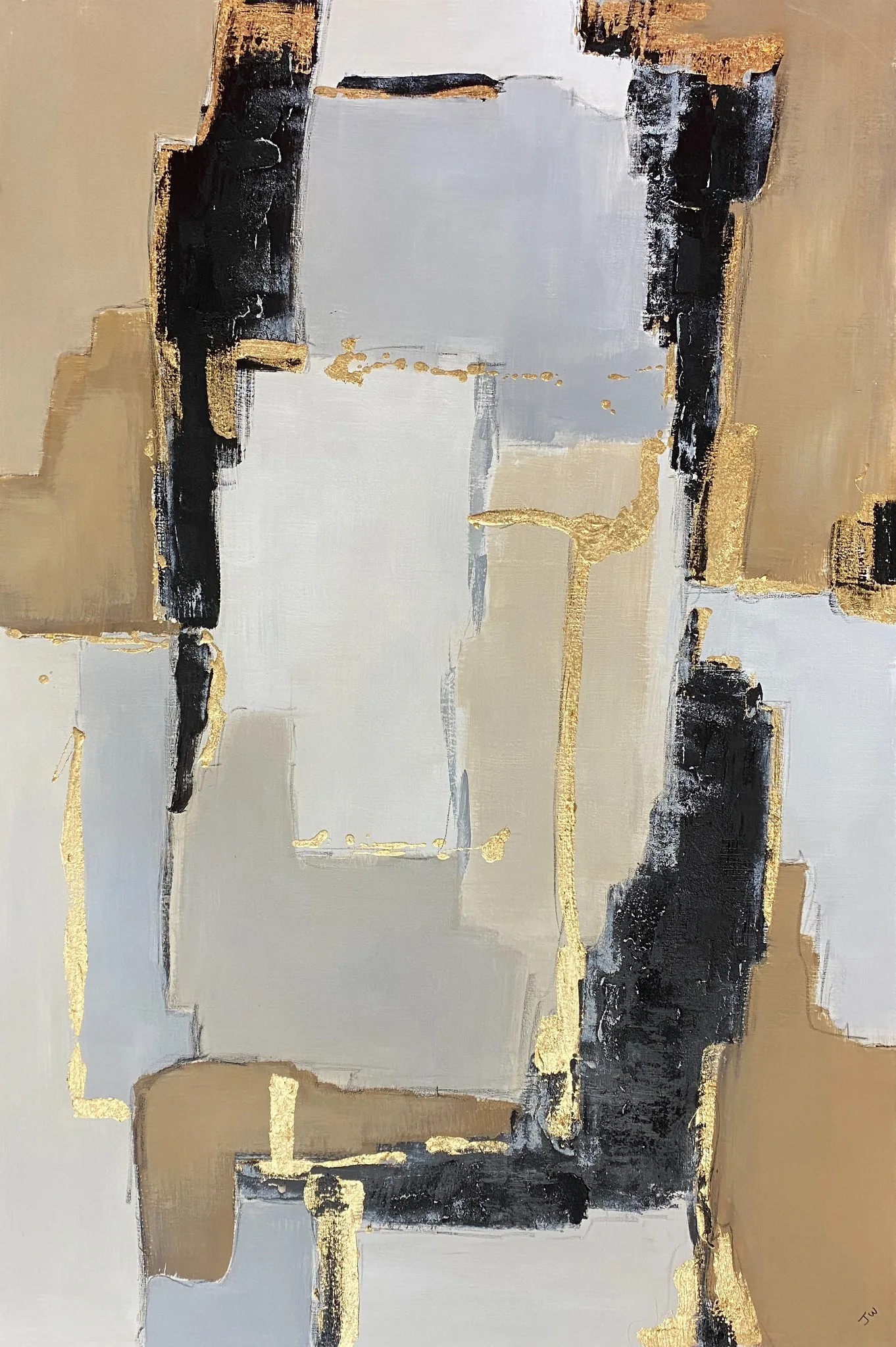 Gilded Passage, large neutral abstract painting, 48x72 in